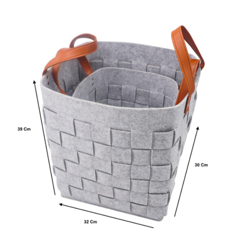 Handmade Woven Felt Two Set of Large Medium size Hamper laundry Toy Storage Basket with PU Handle